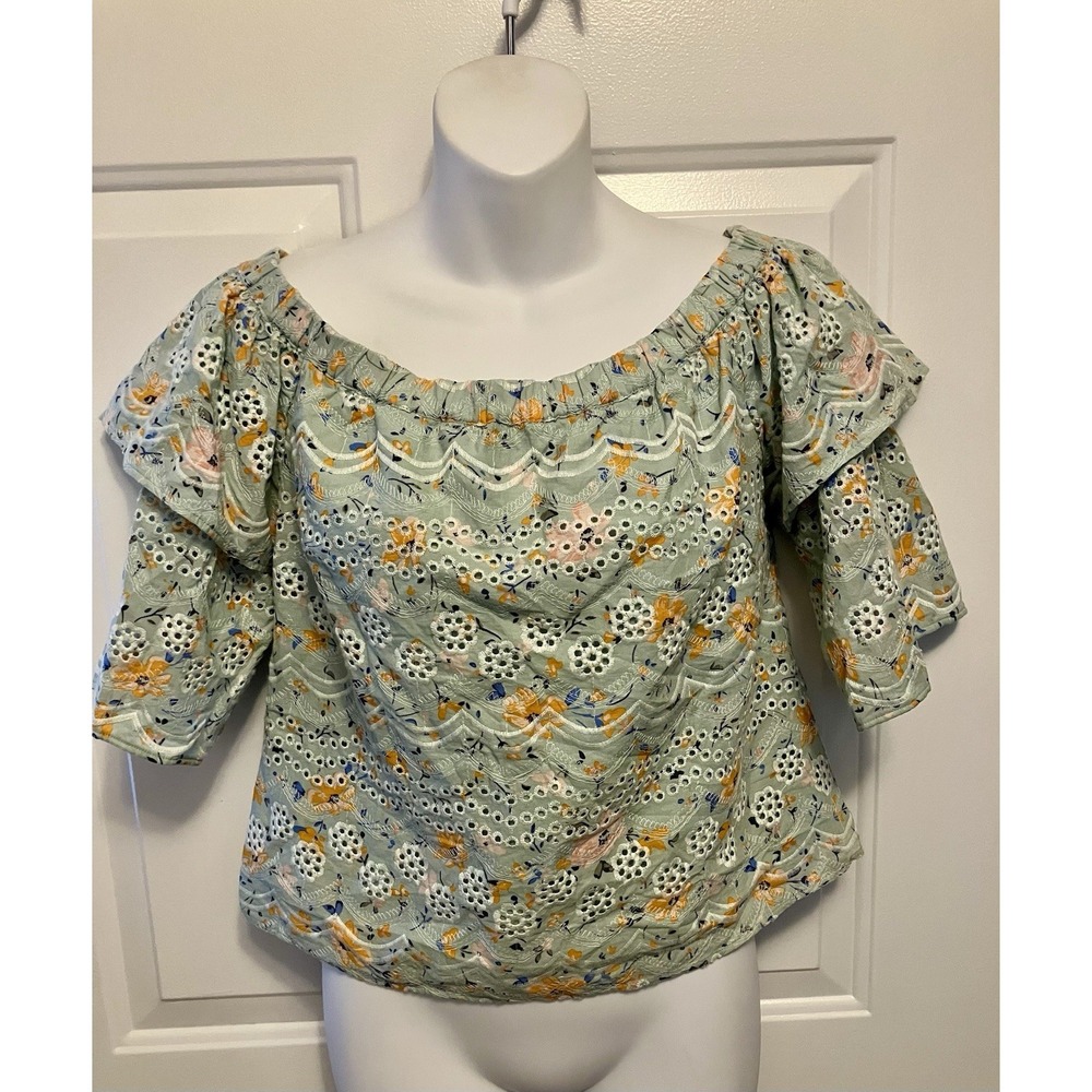 LAIA Women's Ashtabula Small Embroidered Off‎ The Shoulder Floral Shirt Green